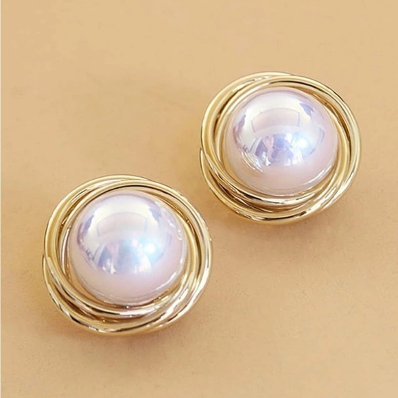 Jewelry - Gold Over 925 Sterling Silver Faux Pearl Decor Stud Earrings